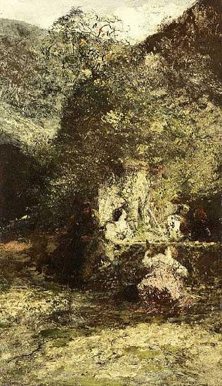 Artist Adolphe Joseph Thomas Monticelli Figures at a Fountain